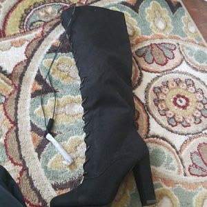 Faux suede lace up knee high boots